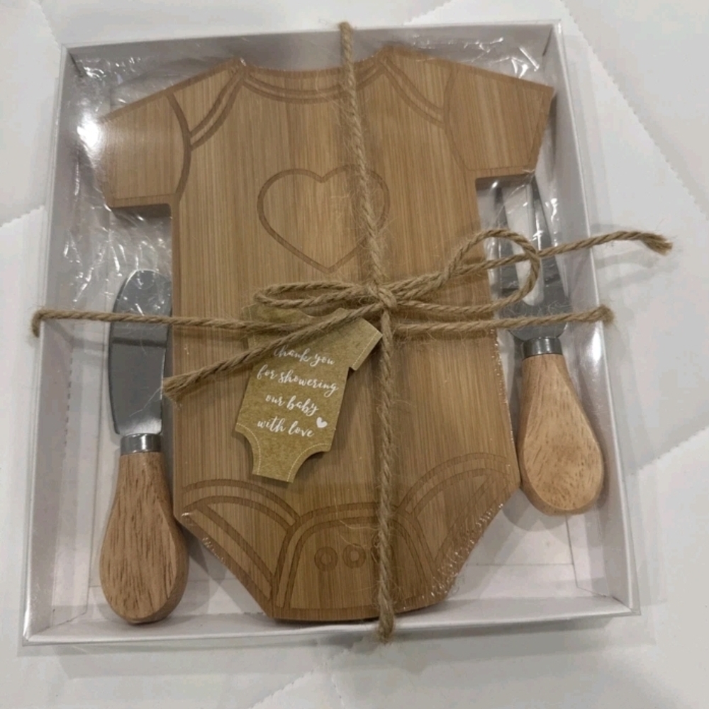 Baby Outfit Shaped Wooden Cutting Board Charcuterie Board & Utensils, NEW In Box